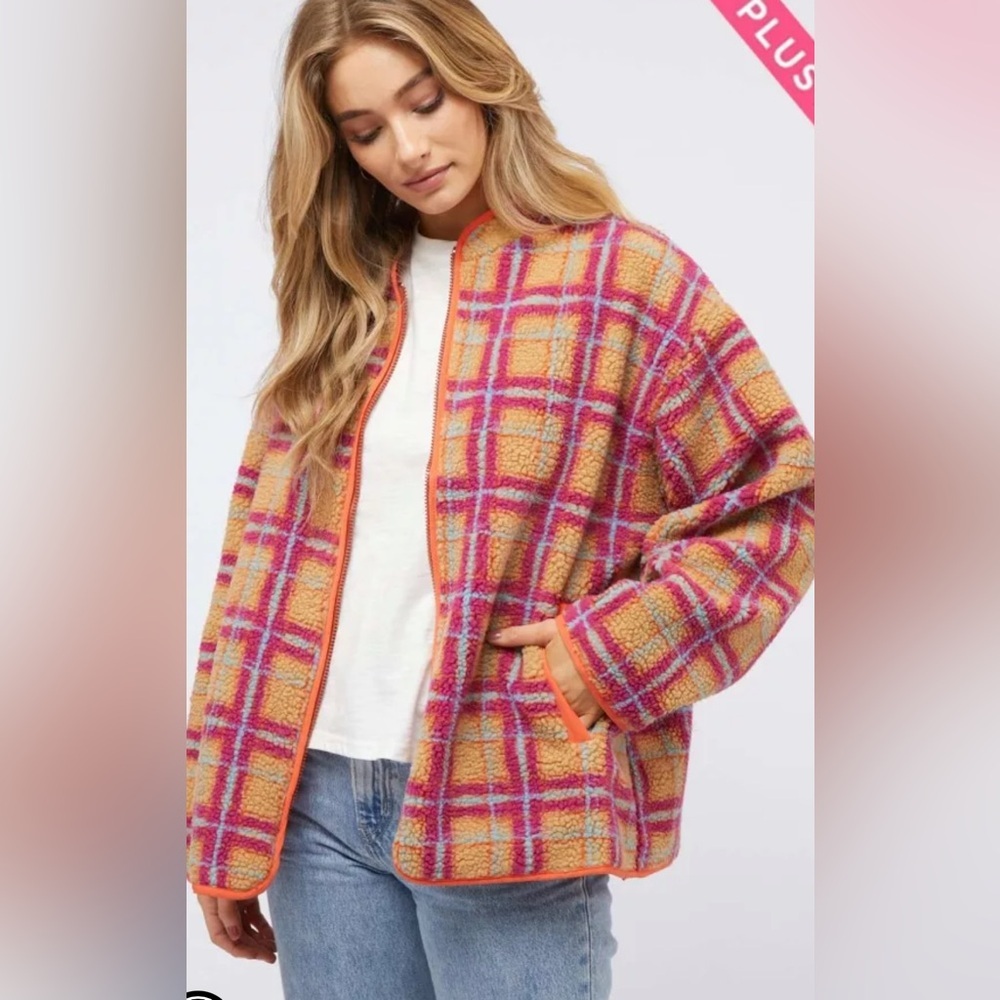 Nwt Davi & Dani PLUS PLAID COZY FUZZY LONG SLEEVE ZIPPER JACKET